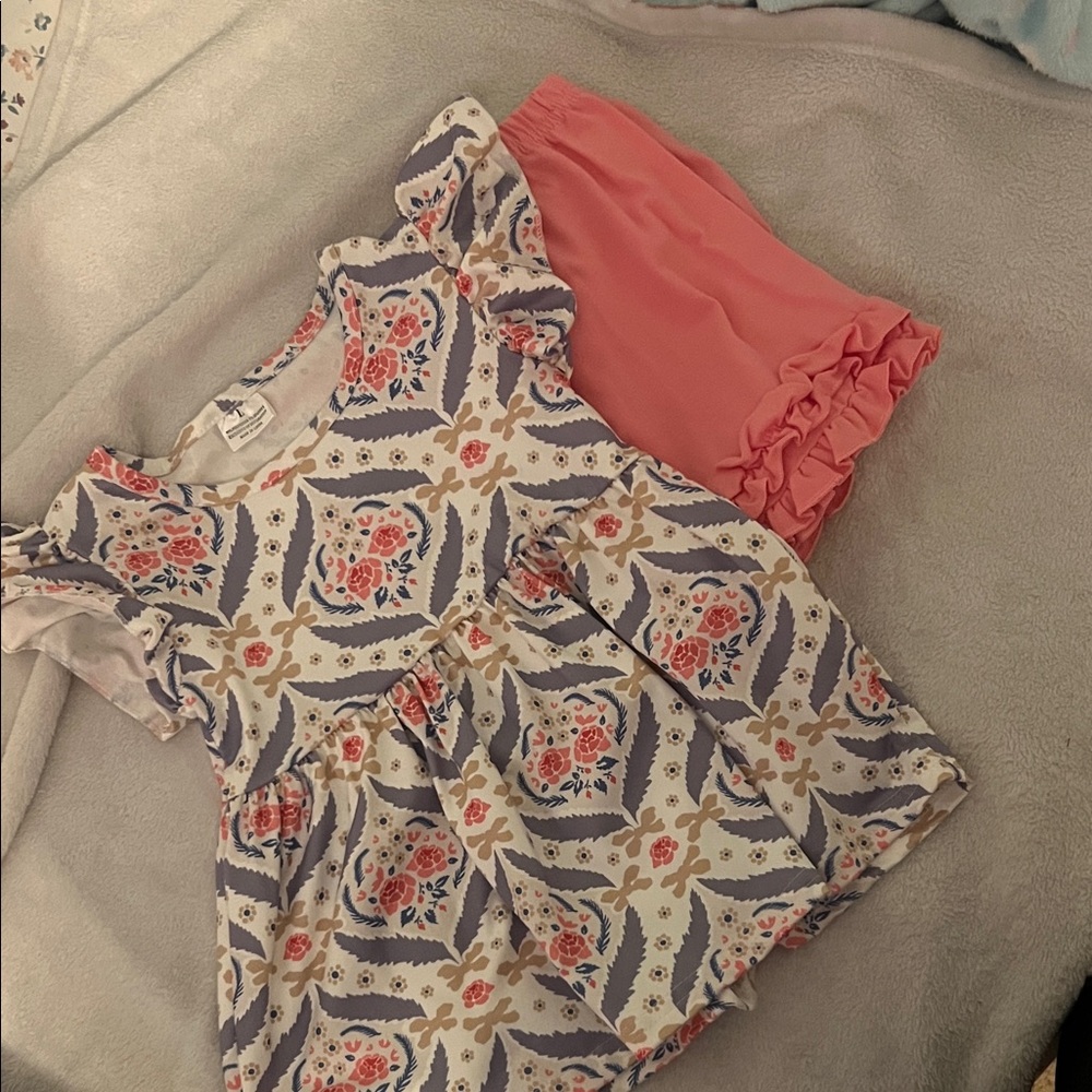 Floral Patterned Dress with Pink Ruffle Shorts